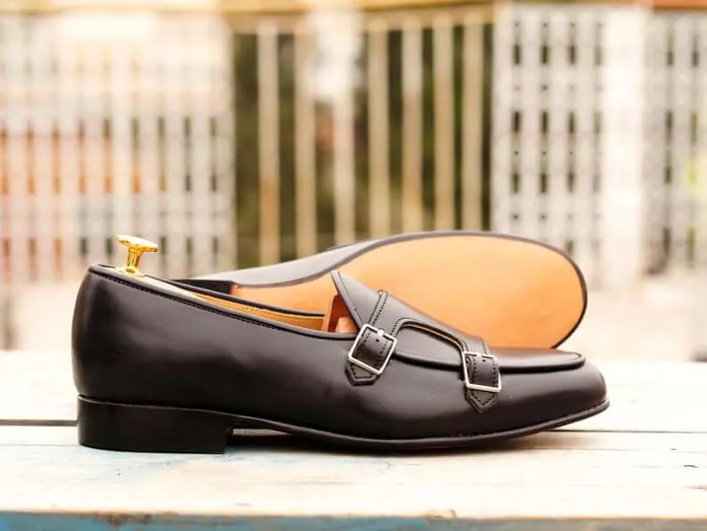 Awesome Handmade Men's Black Leather Double Monk Slip On Loafers, Men Dress Formal Shoes