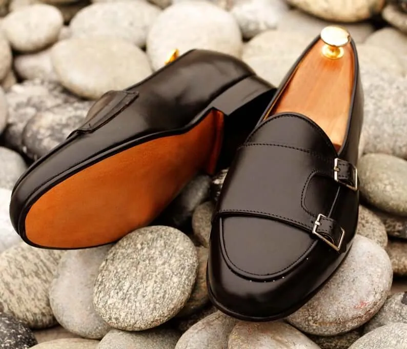 Awesome Handmade Men's Black Leather Double Monk Slip On Loafers, Men Dress Formal Shoes