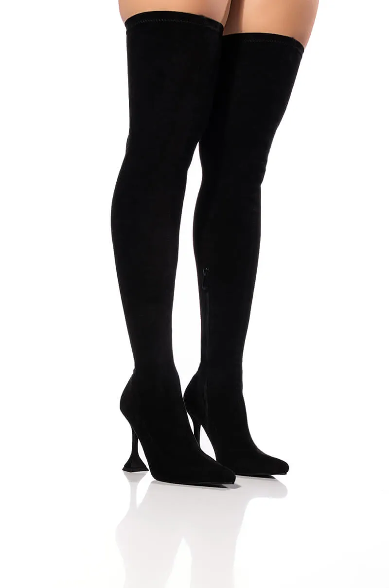 AZALEA WANG ELEVATE THIGH HIGH STRETCH SUEDE BOOT IN BLACK