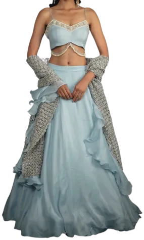 Baby Blue Beaded Lehenga with Hand Knitted Dupatta