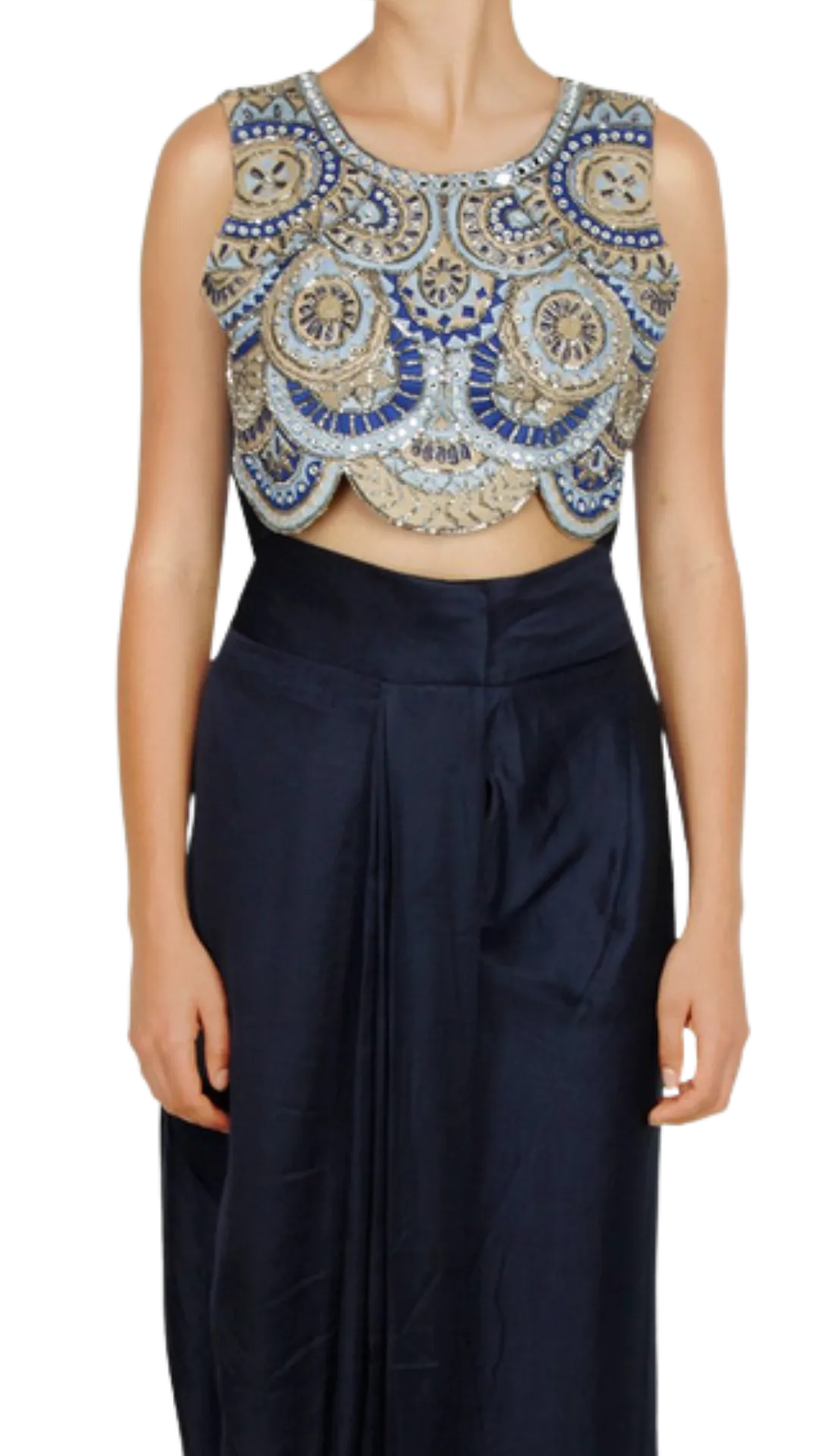 Boho Beaded Blouse with Drape Navy Skirt