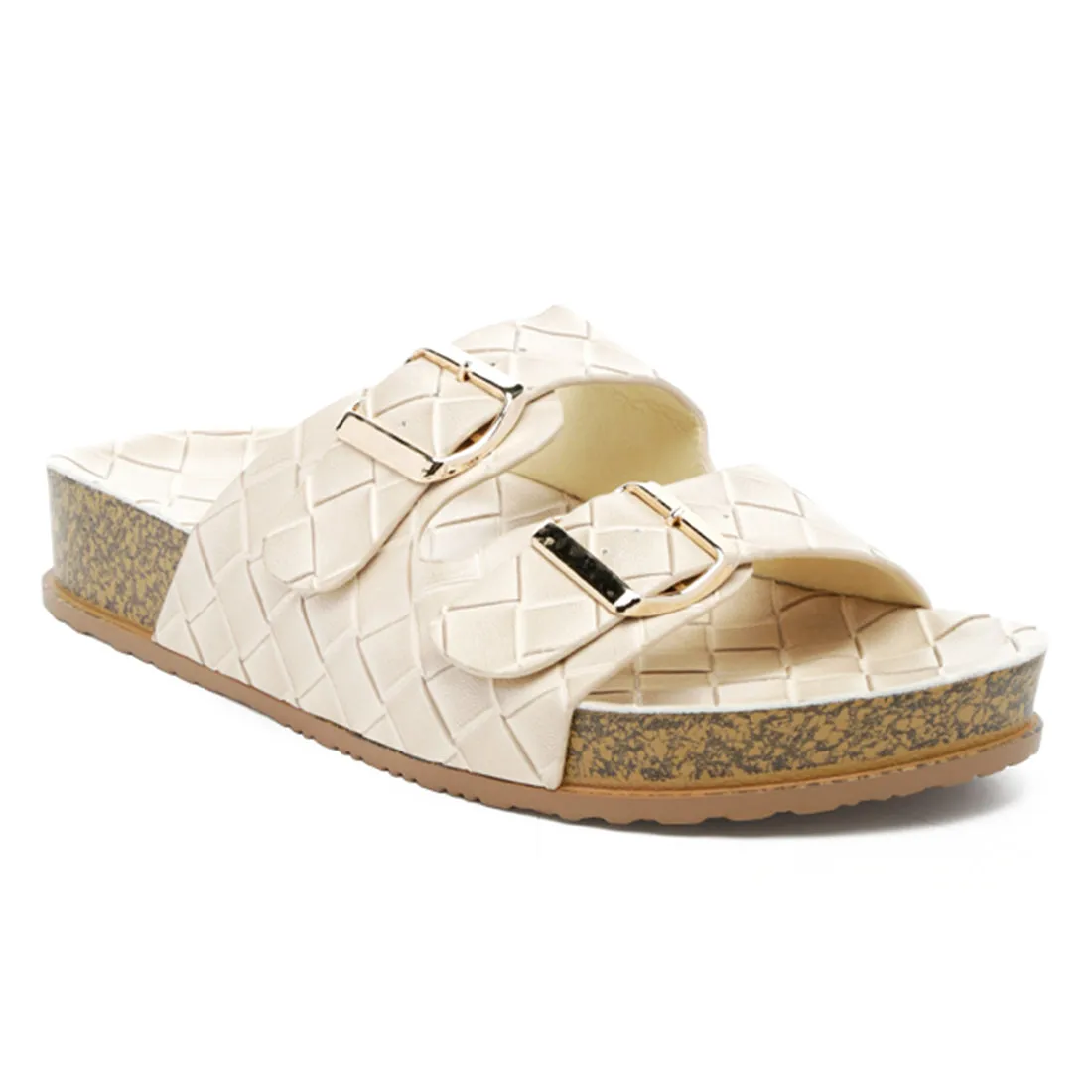 Buckled Strap Croc Platform Slides in Beige