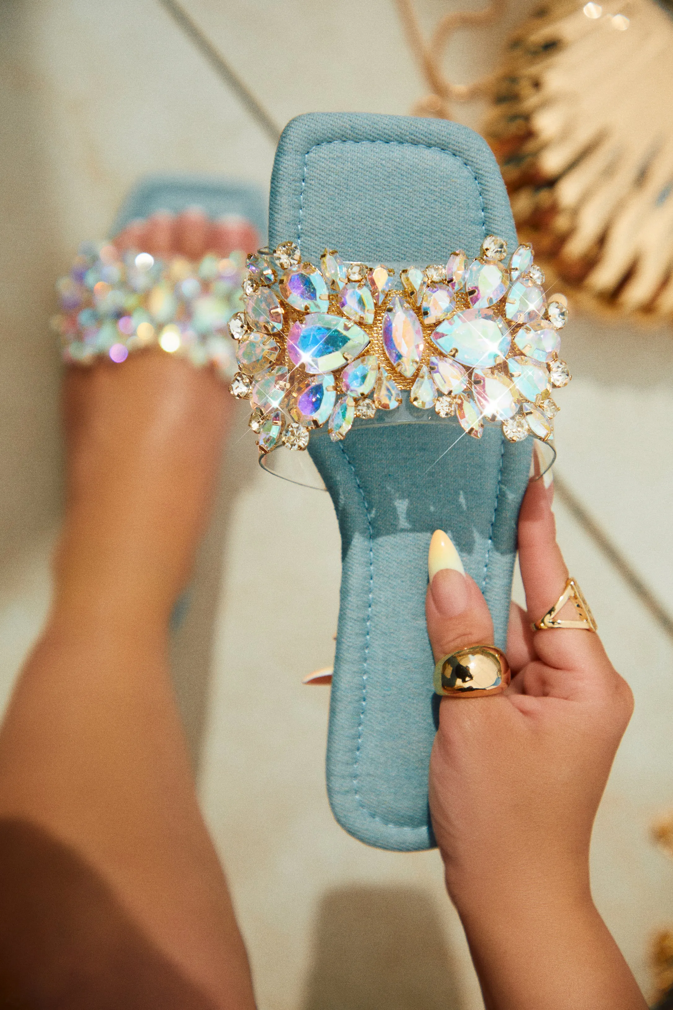 Caribbean Island Embellished Slip On Sandals - Denim