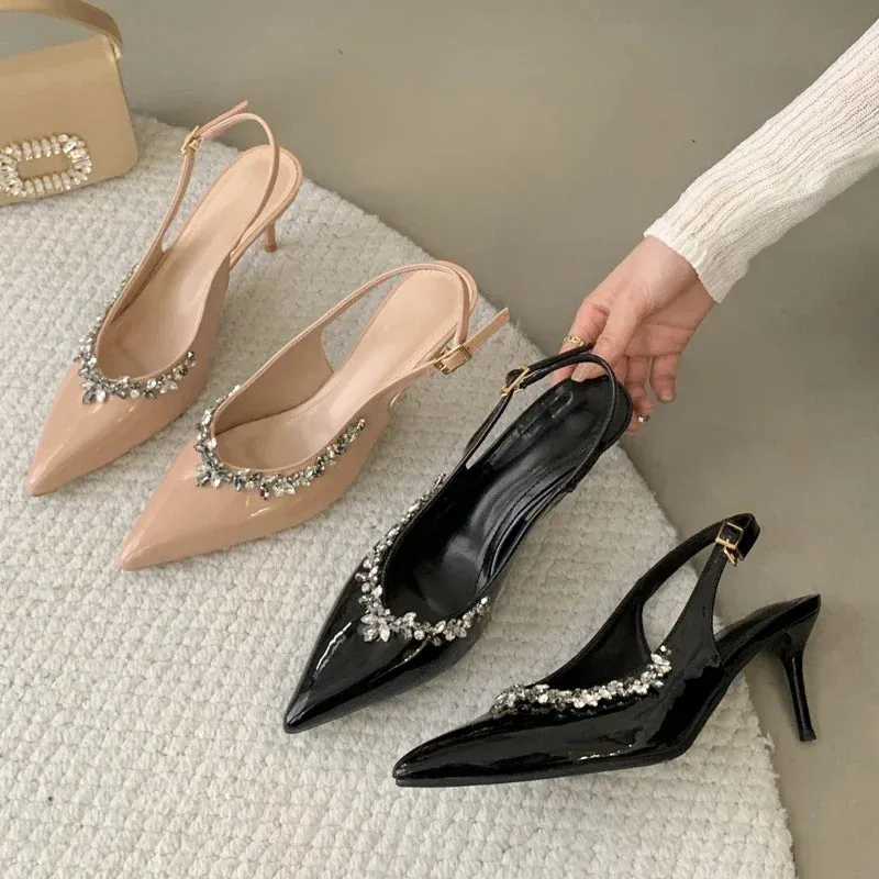 Crystal Buckle Strap Pumps Thin Heels Shoes