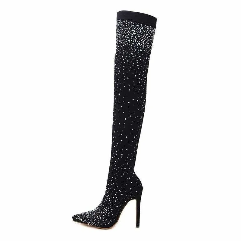 Crystal Stretch Fabric Sock Boots Pointy Toe Over-the-Knee Heel Thigh High Boots