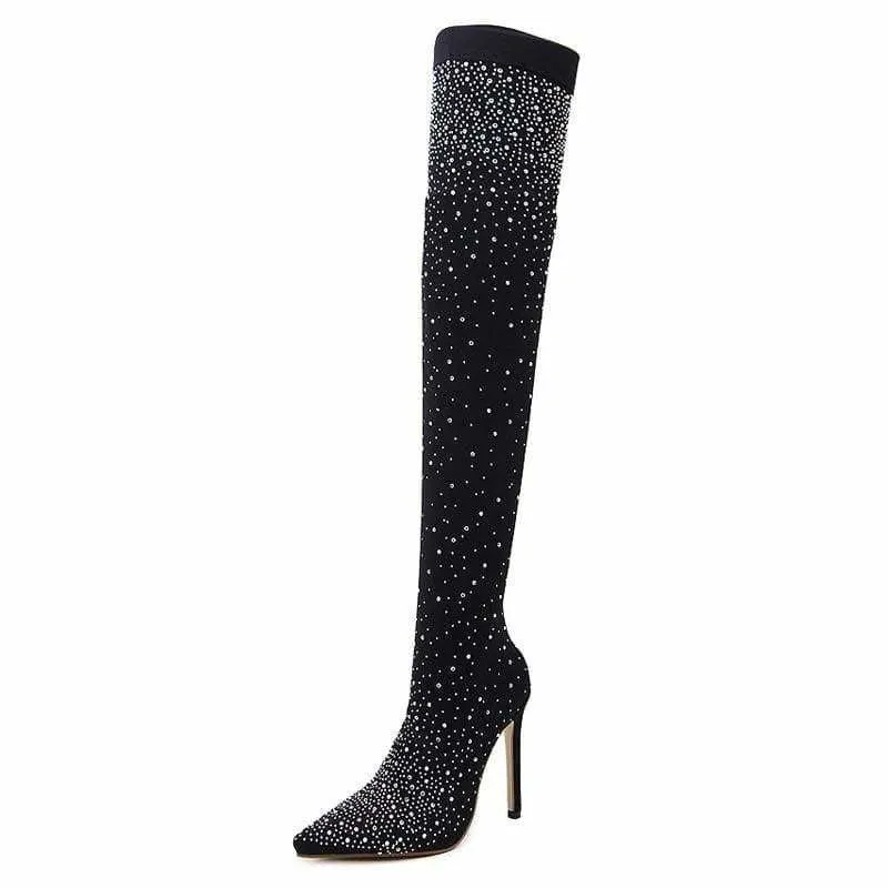 Crystal Stretch Fabric Sock Boots Pointy Toe Over-the-Knee Heel Thigh High Boots