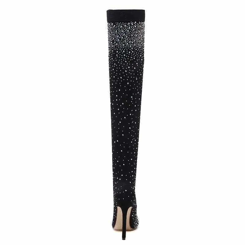 Crystal Stretch Fabric Sock Boots Pointy Toe Over-the-Knee Heel Thigh High Boots