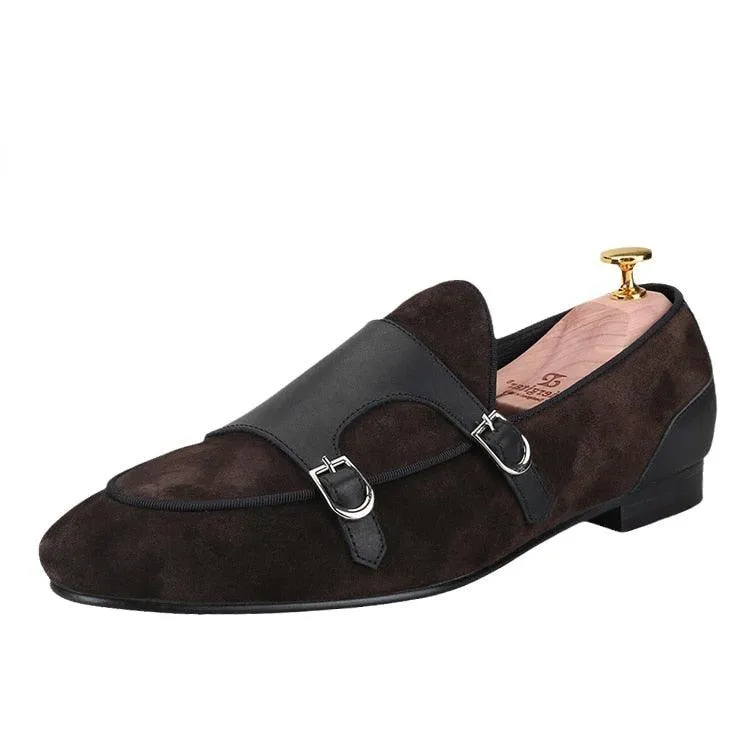 Dark Brown Suede Monk Strap Loafers - Men Shoes