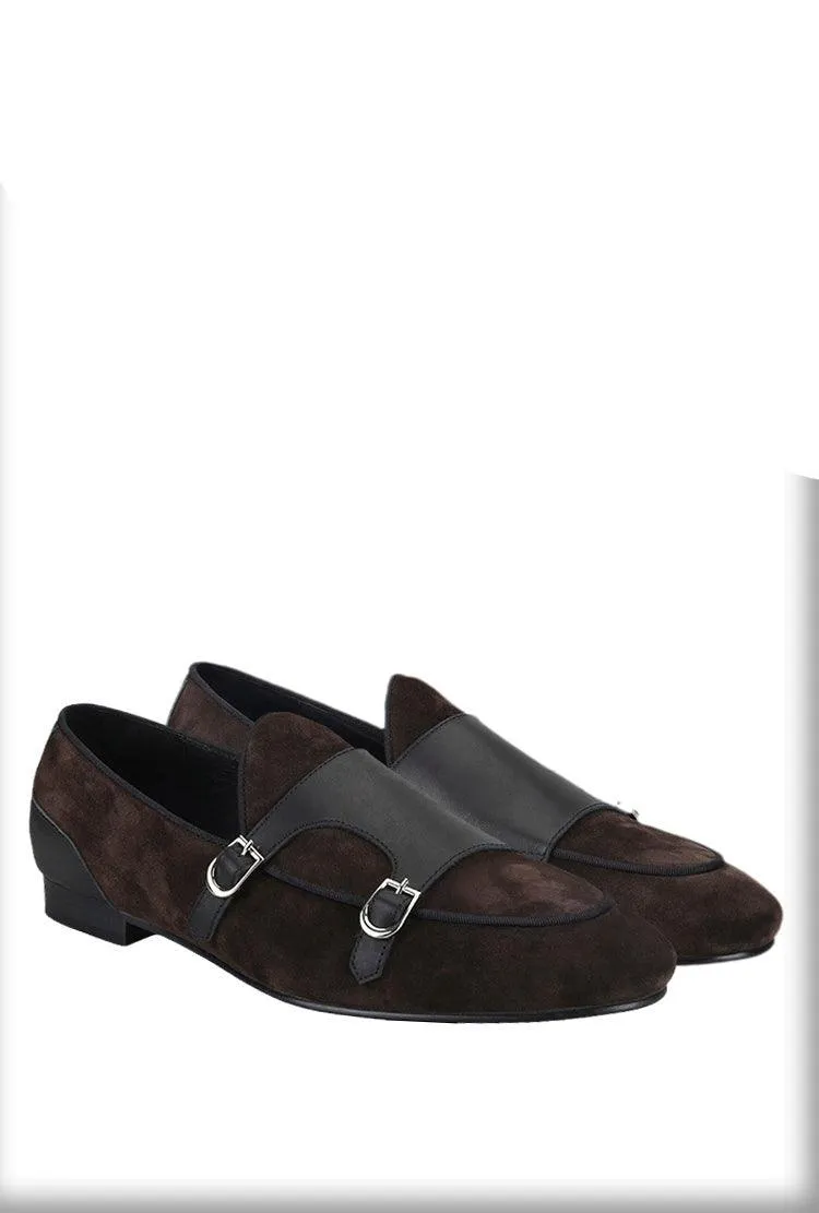 Dark Brown Suede Monk Strap Loafers - Men Shoes