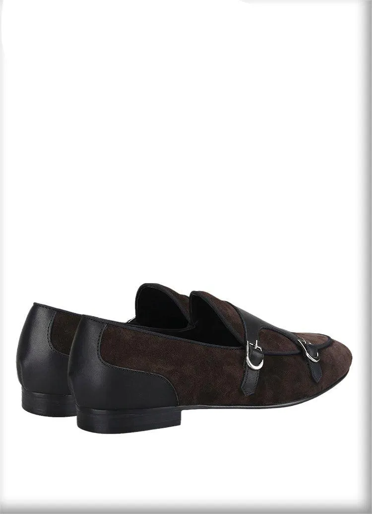 Dark Brown Suede Monk Strap Loafers - Men Shoes