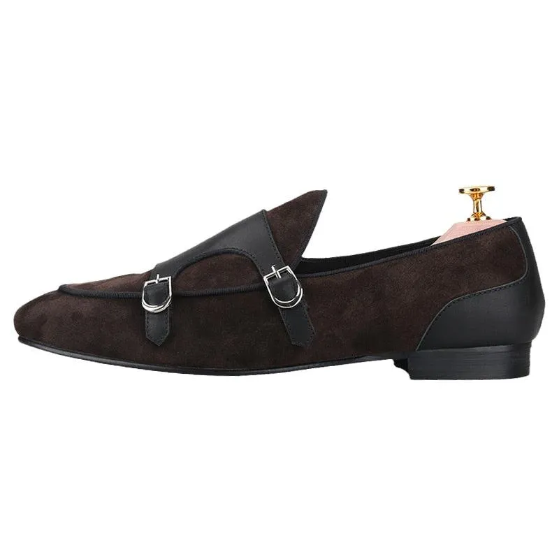 Dark Brown Suede Monk Strap Loafers - Men Shoes