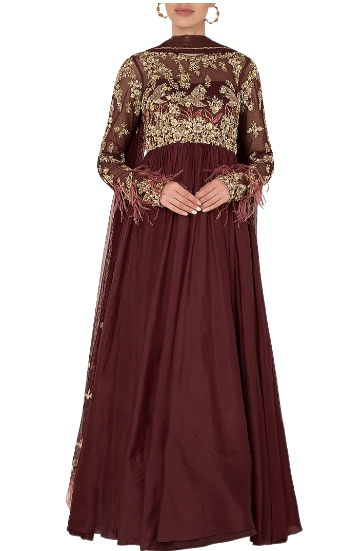 Deep Maroon Beaded & Feathered Anarkali Gown