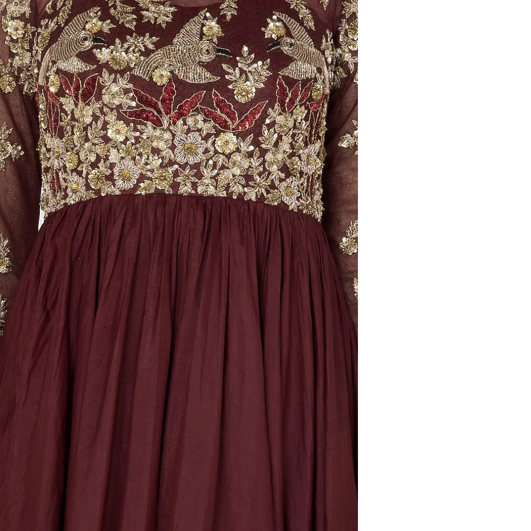 Deep Maroon Beaded & Feathered Anarkali Gown