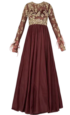 Deep Maroon Beaded & Feathered Anarkali Gown