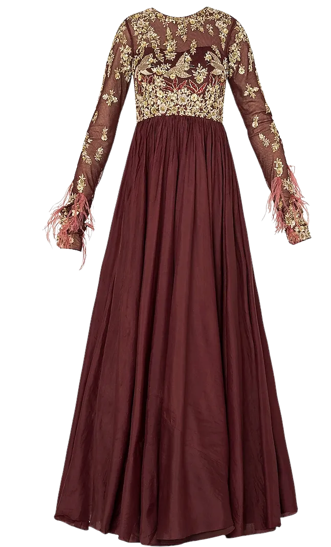 Deep Maroon Beaded & Feathered Anarkali Gown