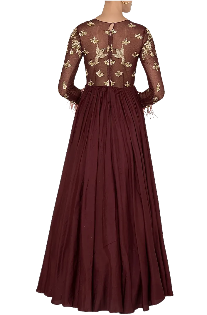 Deep Maroon Beaded & Feathered Anarkali Gown