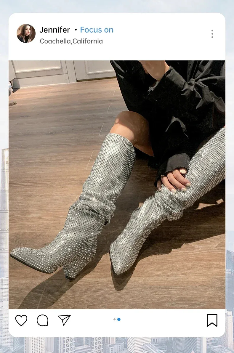 EM Luxury Bling  Crystal Knee High Chunky Boots