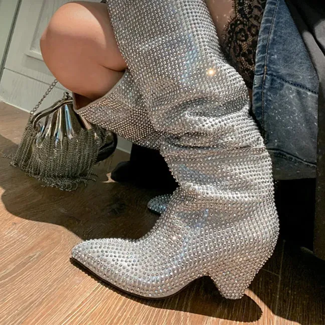 EM Luxury Bling  Crystal Knee High Chunky Boots