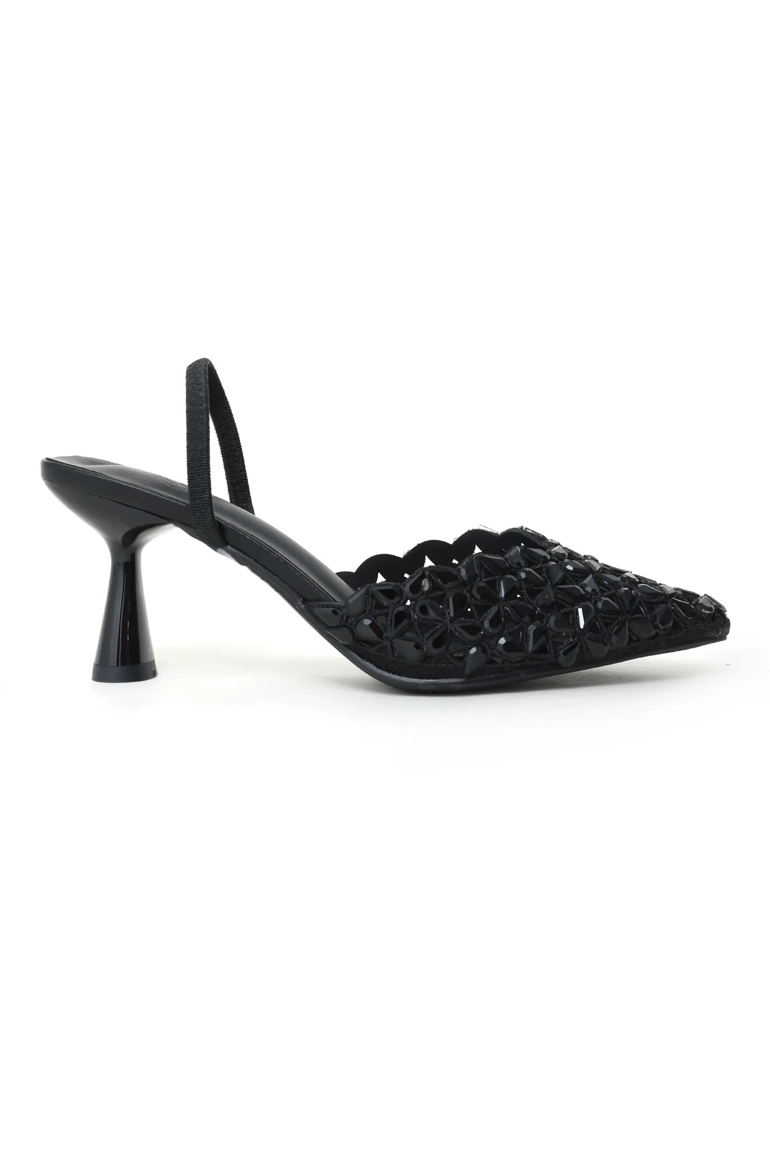 EMBELLISHED SCALLOPED HEELED SANDALS-BLACK