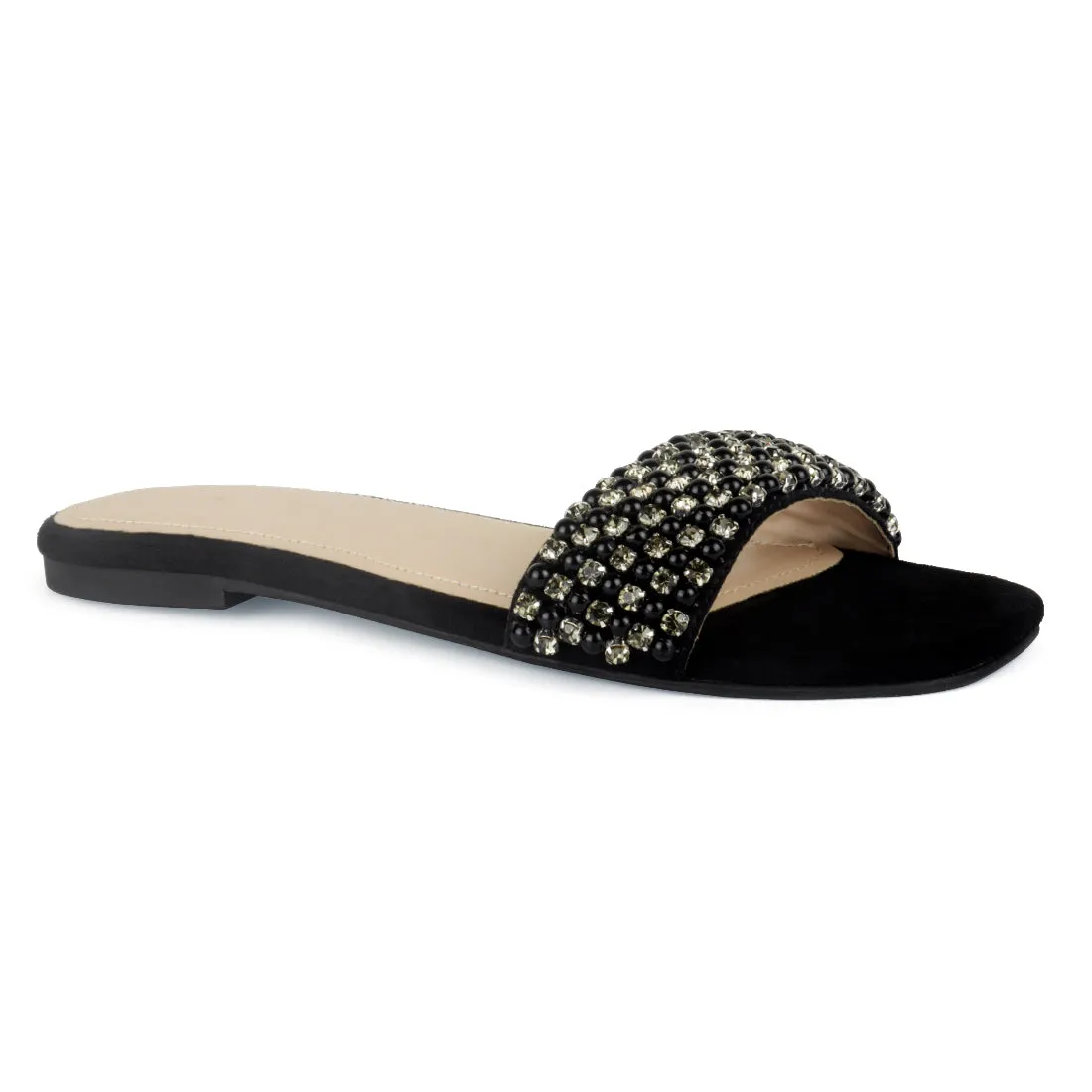 Flat Slides with Beaded Straps in Black