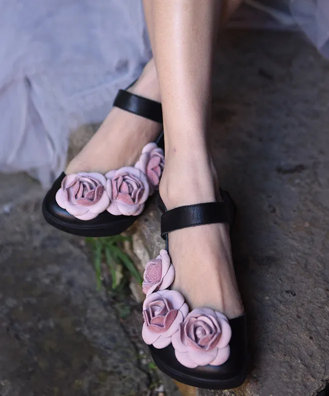 Floral Black Buckle Strap Splicing Leather Upper Baotou Walking Sandals RT1033