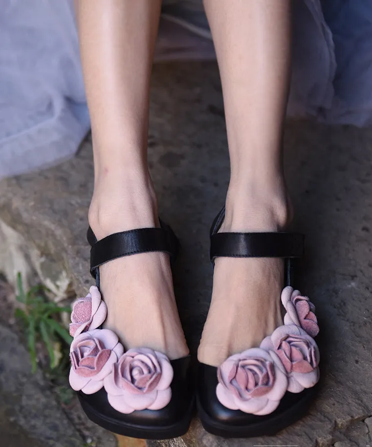 Floral Black Buckle Strap Splicing Leather Upper Baotou Walking Sandals RT1033