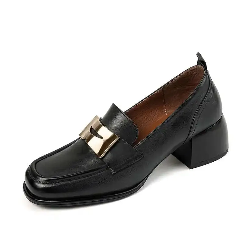 Genuine Leather Thick Heels Women's Retro Loafer Slip On Shoes