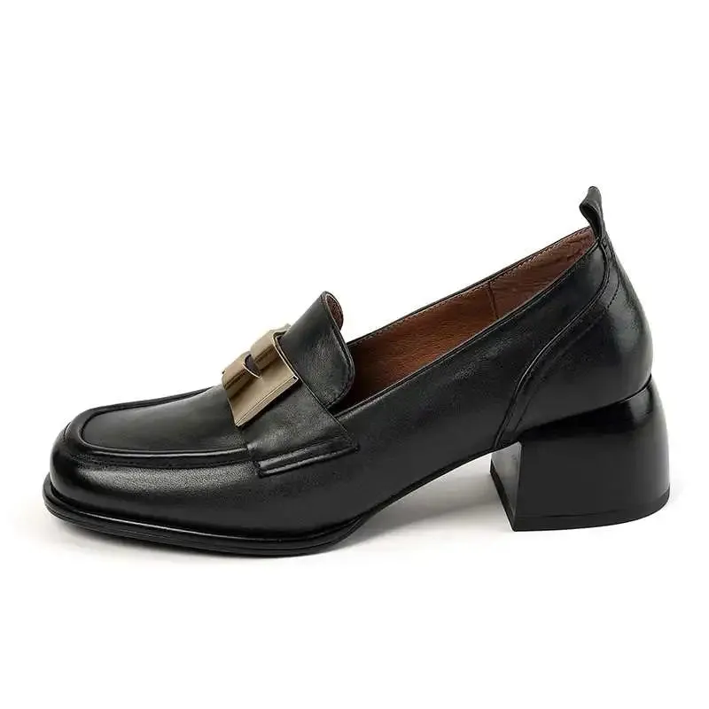 Genuine Leather Thick Heels Women's Retro Loafer Slip On Shoes