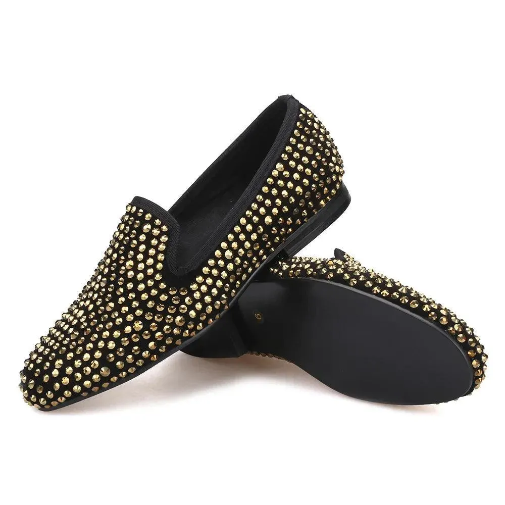 Gold Crystal Suede Loafer Shoes for Women