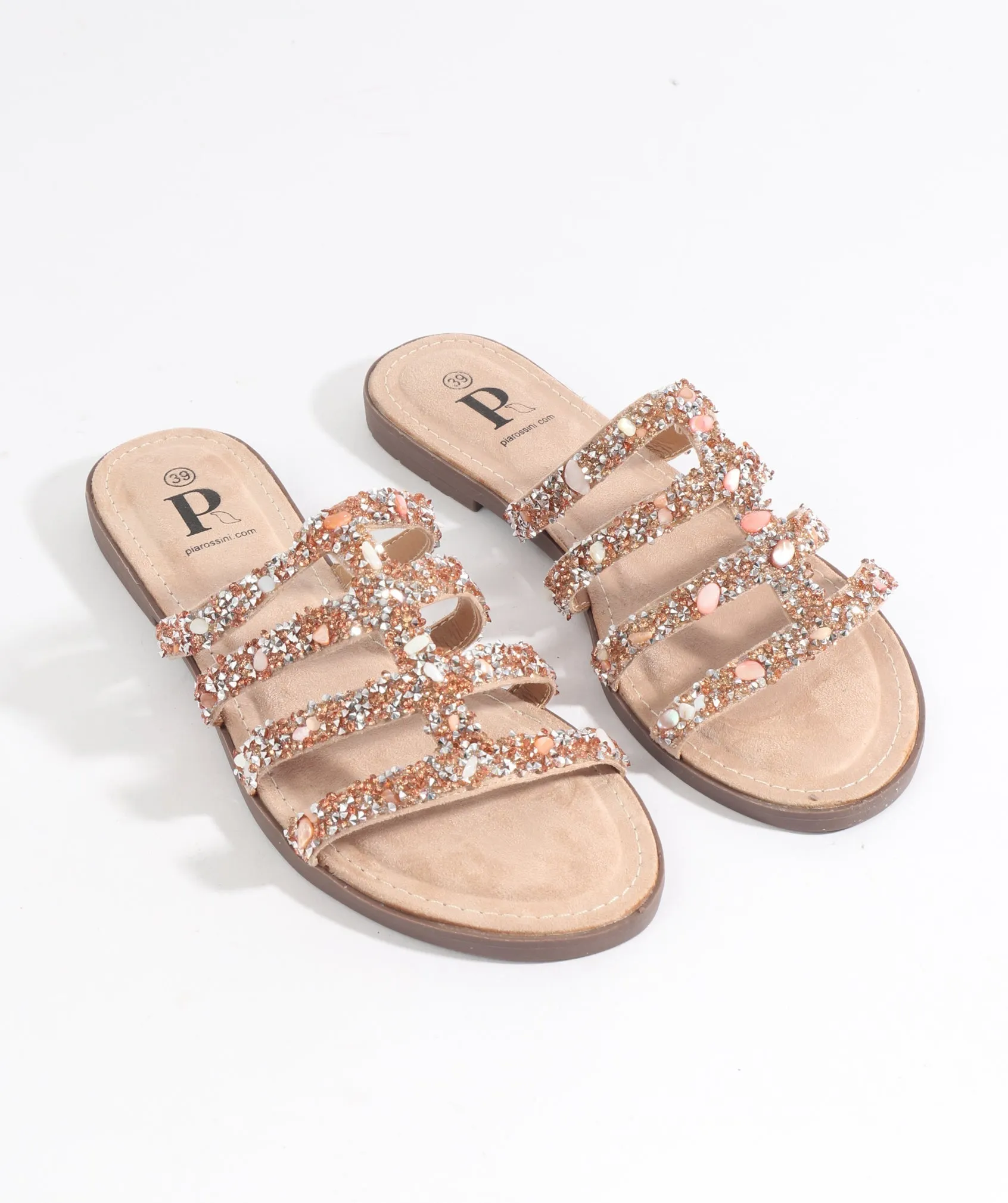 Gold Slip-On Sandals with Shell Embellishments