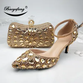 Golden crystal women party shoes and bags