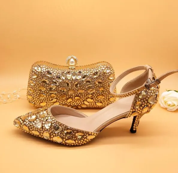 Golden crystal women party shoes and bags