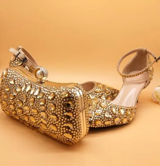 Golden crystal women party shoes and bags