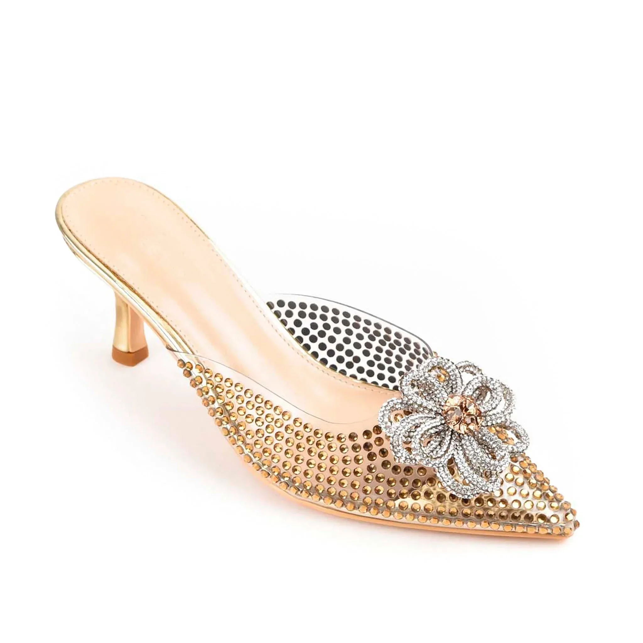 Golden Studded Mules with Crystal Bow | 495L-X