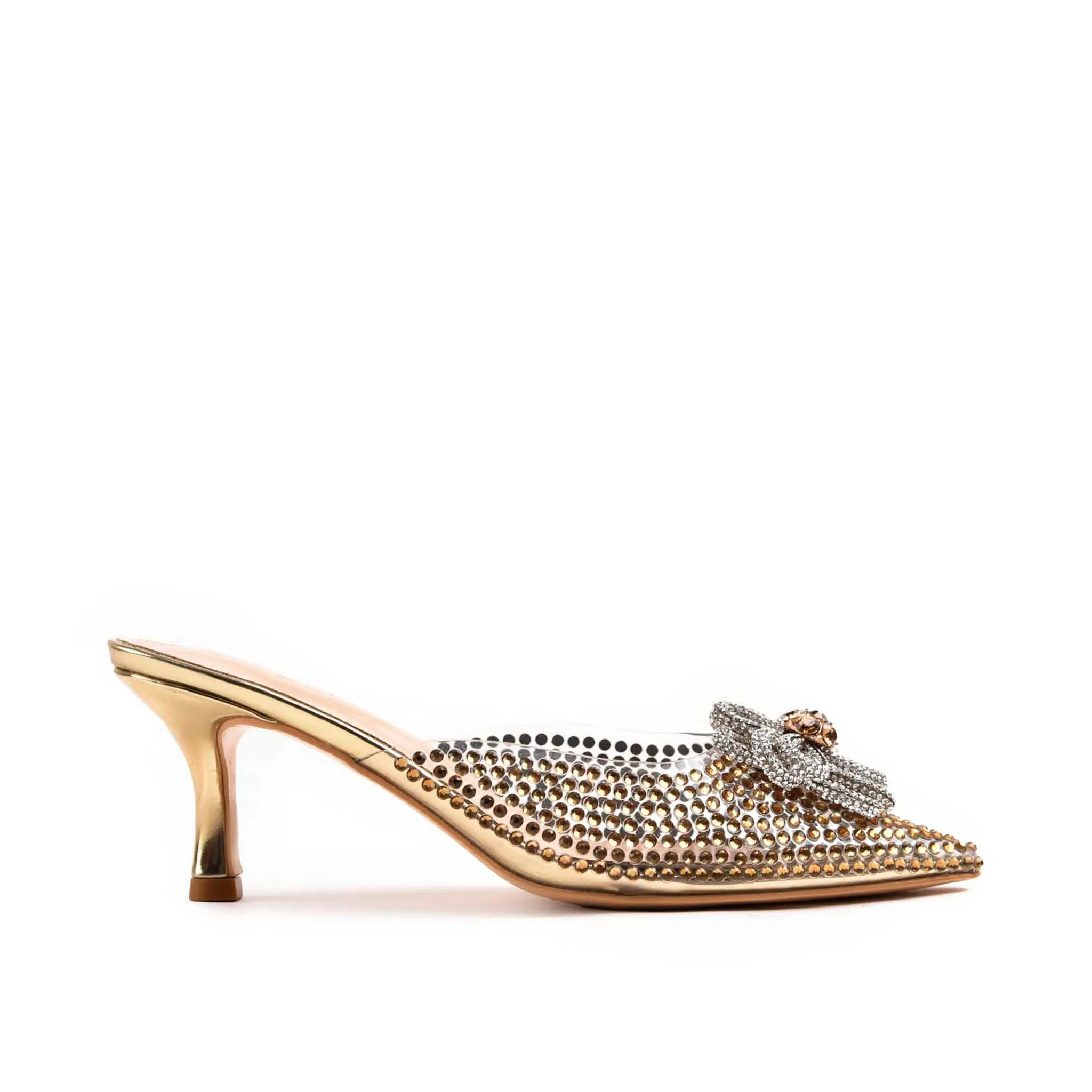 Golden Studded Mules with Crystal Bow | 495L-X