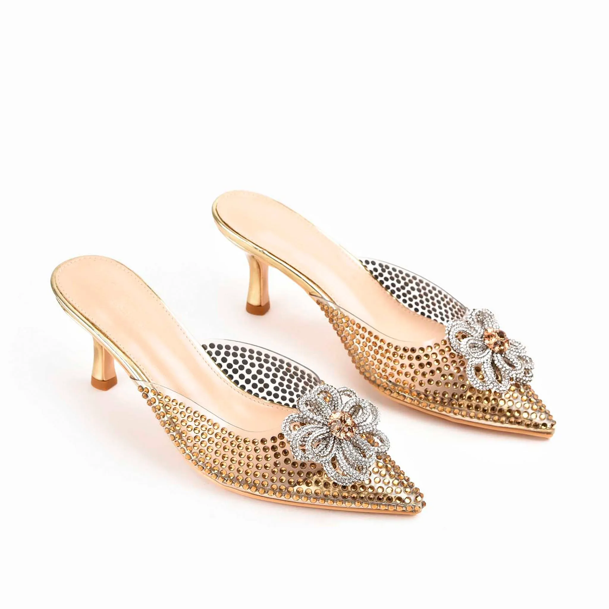 Golden Studded Mules with Crystal Bow | 495L-X