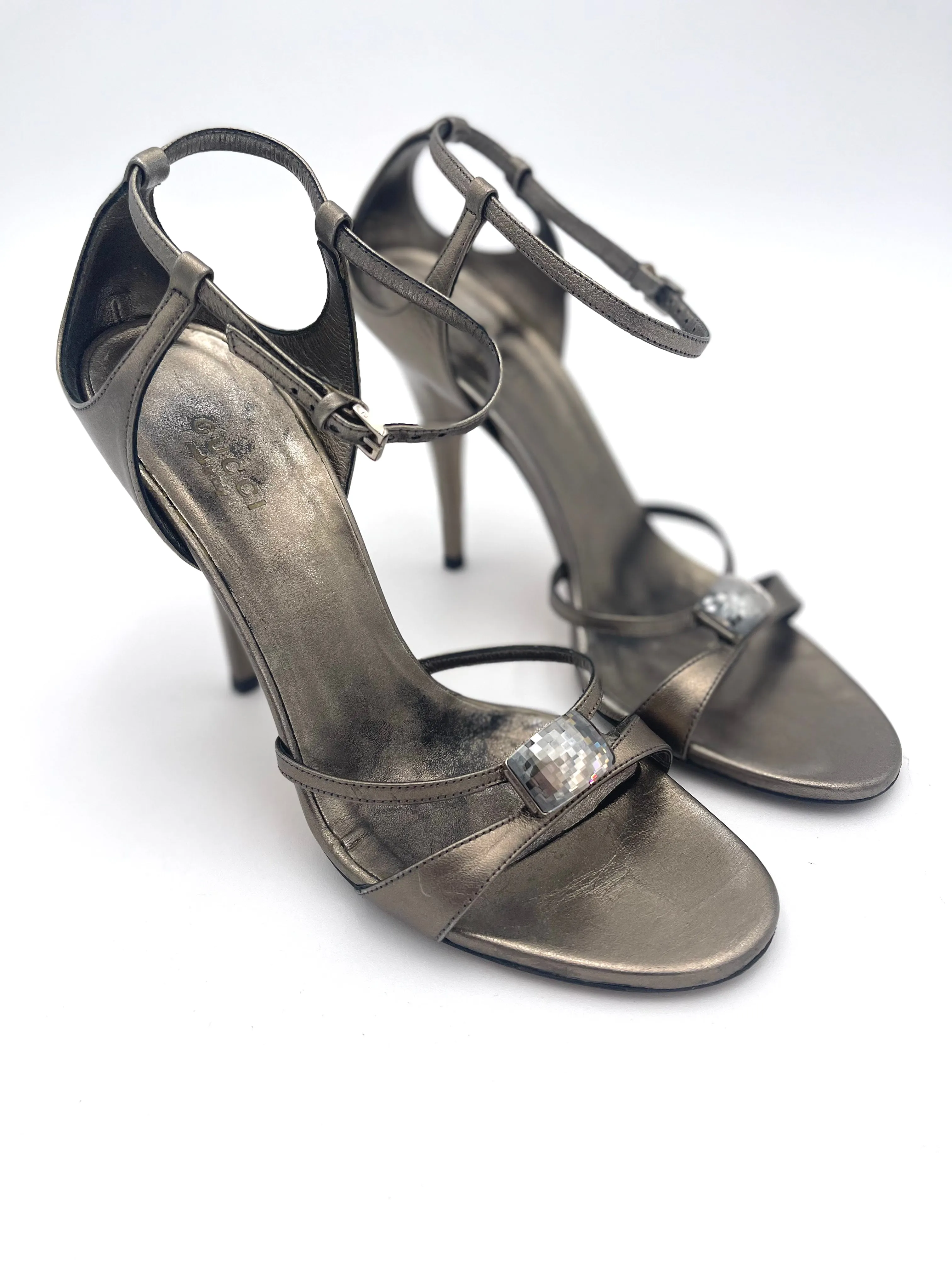 GUCCI Sand Pelle Cuoio Sasso Nappa Silk Heels Size 6.5