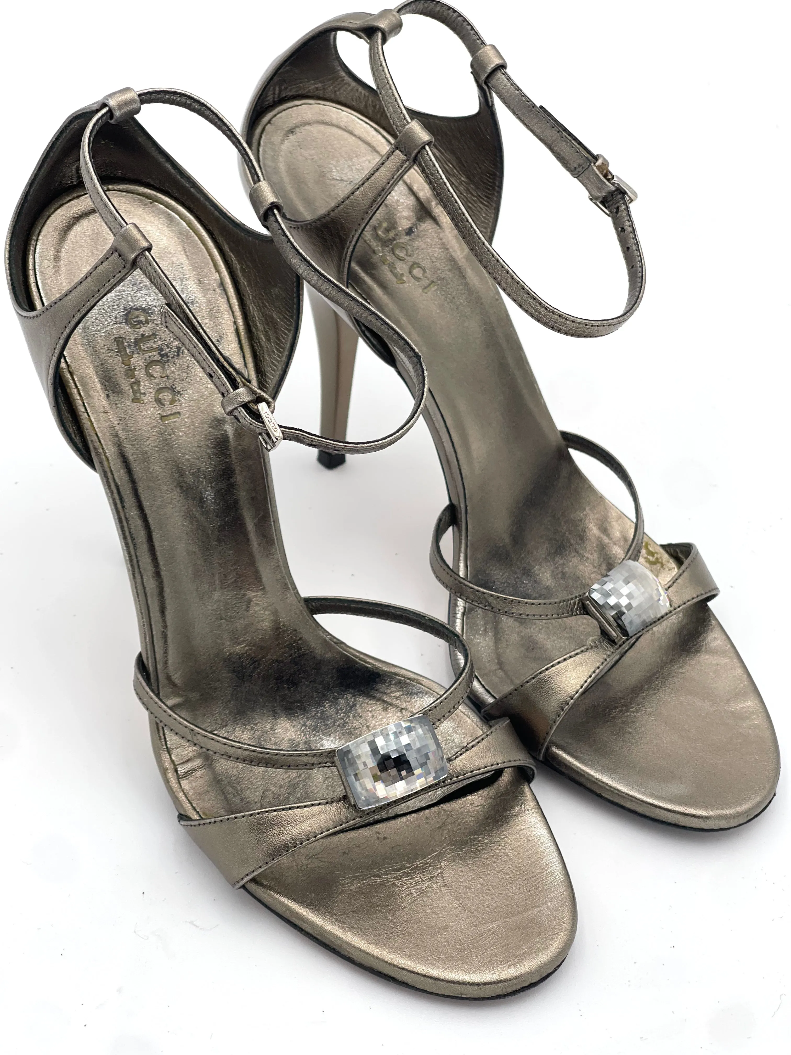 GUCCI Sand Pelle Cuoio Sasso Nappa Silk Heels Size 6.5