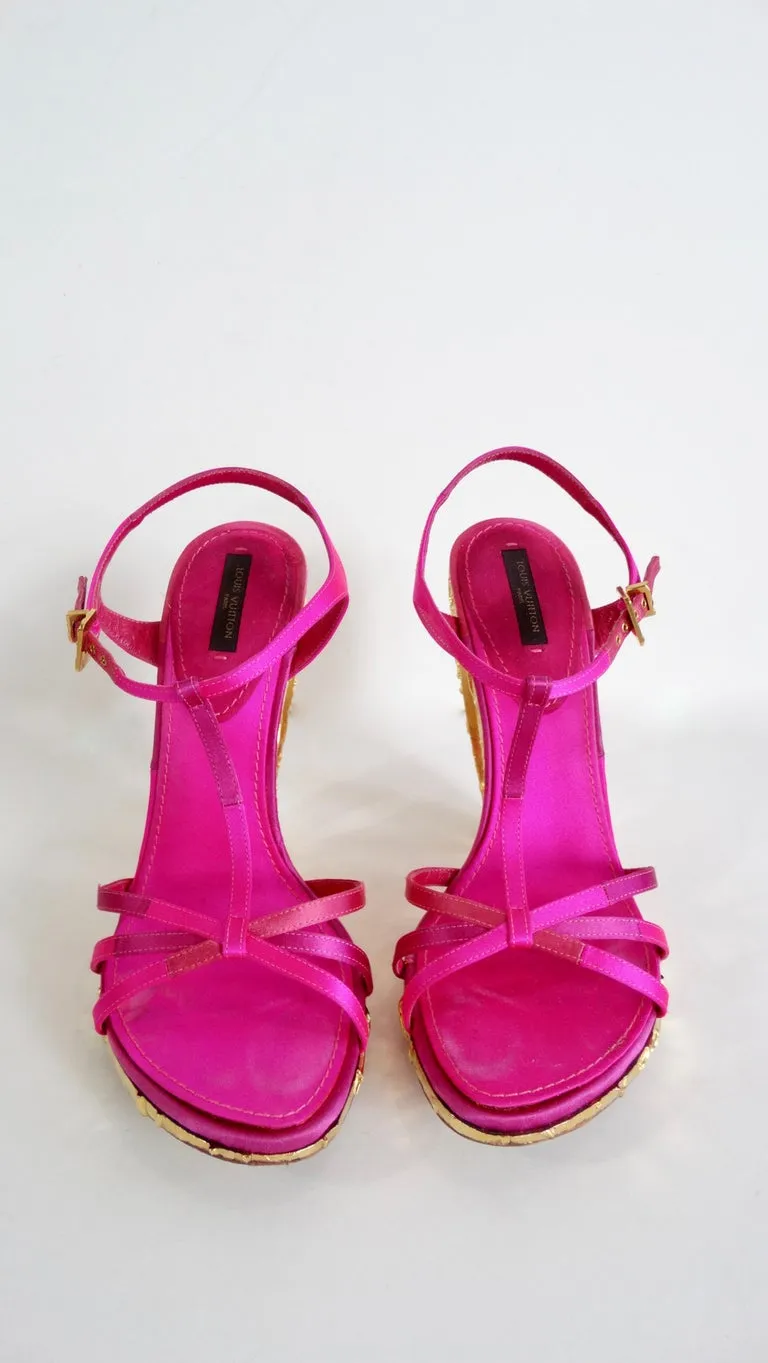 Louis Vuitton Fuchsia Satin Heels With Textured Gold Heel