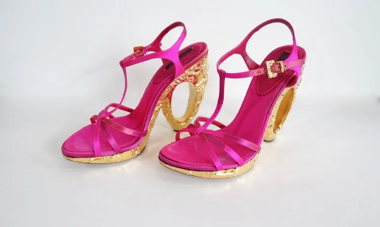 Louis Vuitton Fuchsia Satin Heels With Textured Gold Heel