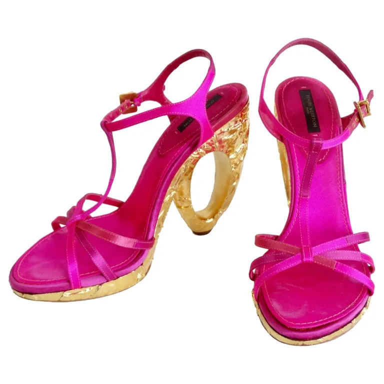 Louis Vuitton Fuchsia Satin Heels With Textured Gold Heel