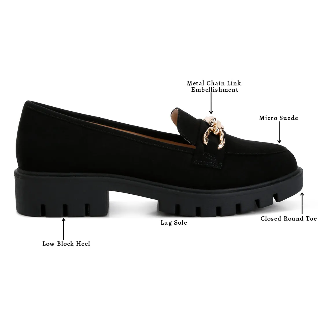 Micro Suede Metal Chain Link Loafers