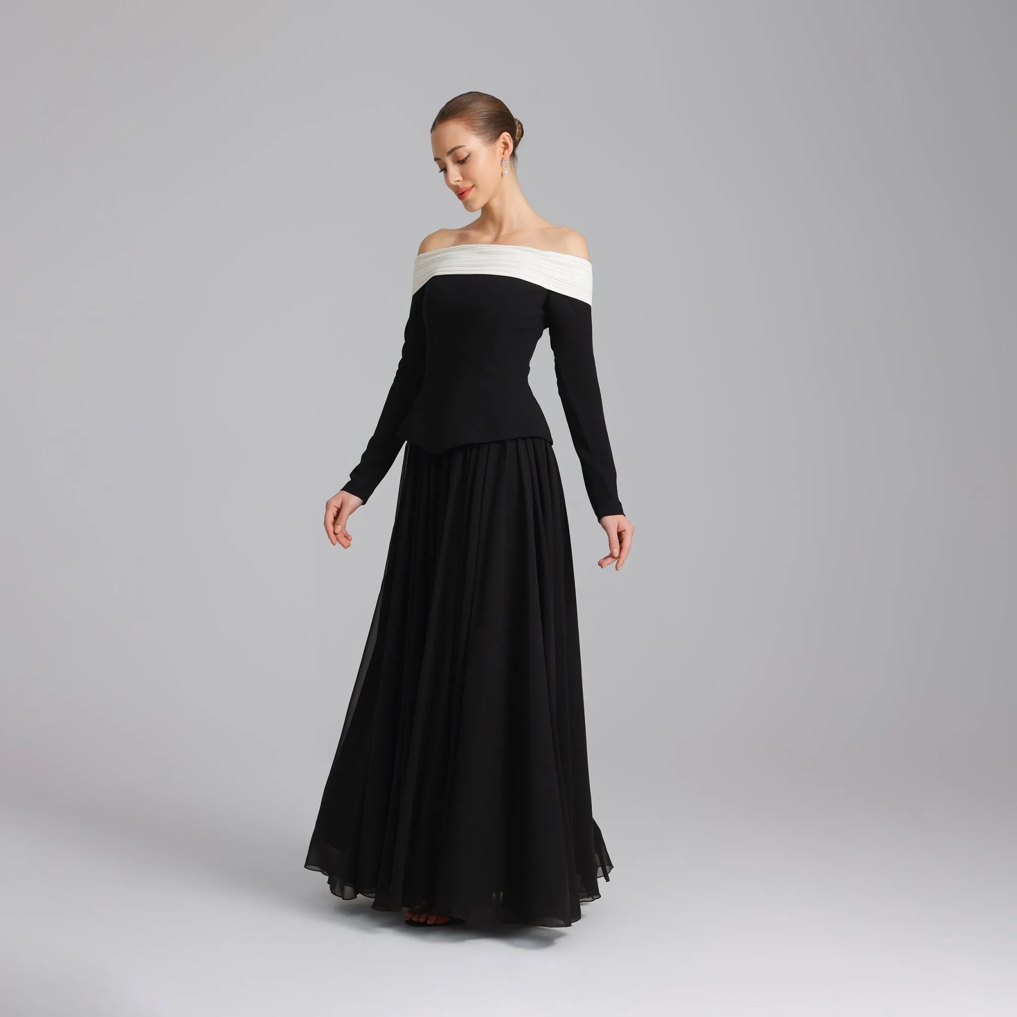 Off-Shoulder Long-Sleeve Evening Gown