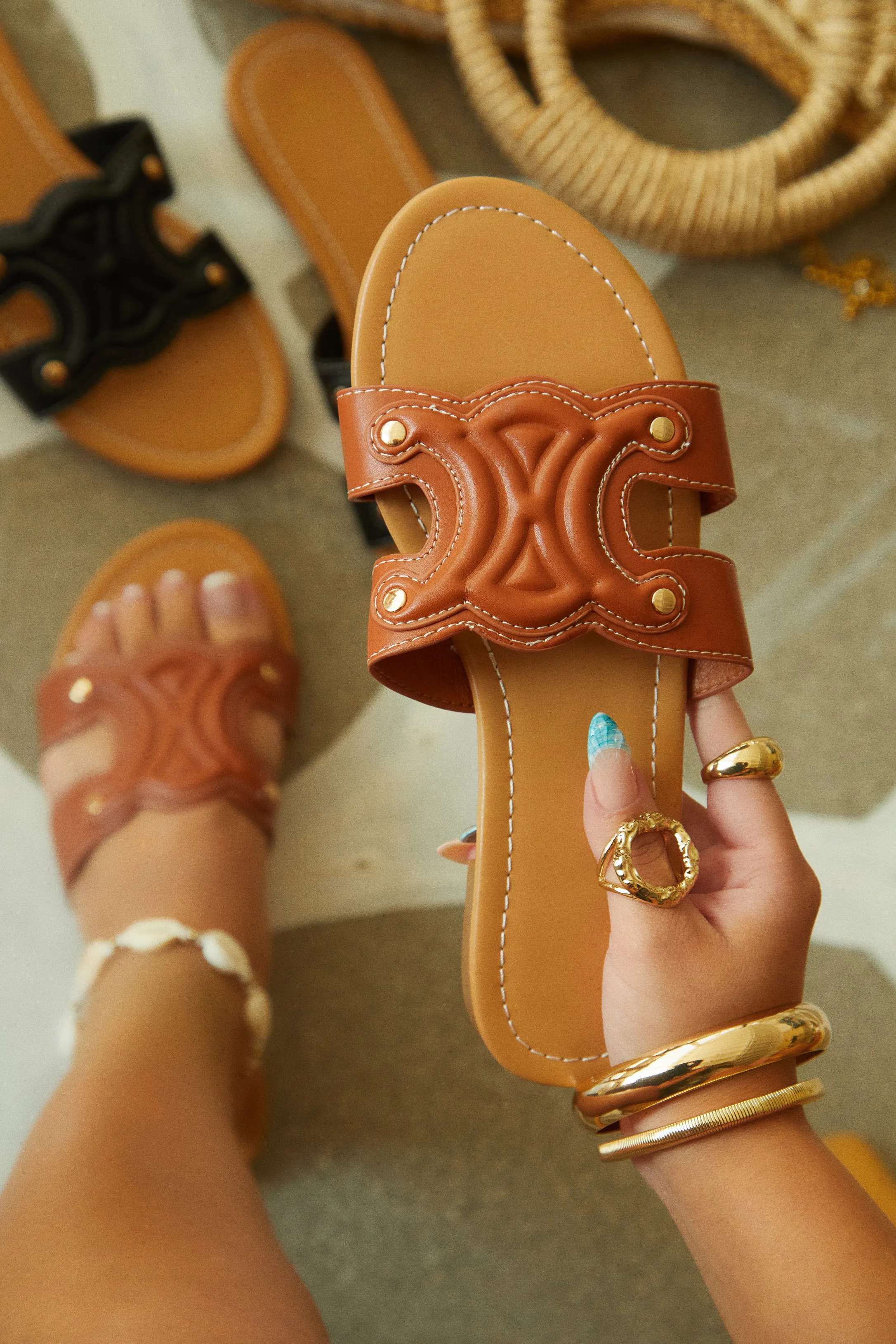 Paris Trips Slip On Sandals - Tan