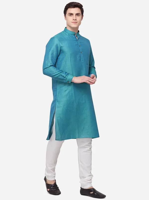 Prussian Blue Self Textured Regular Fit Modi Kurta | JadeBlue