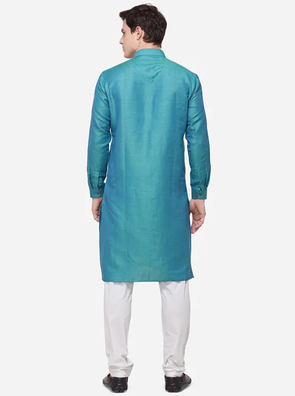 Prussian Blue Self Textured Regular Fit Modi Kurta | JadeBlue