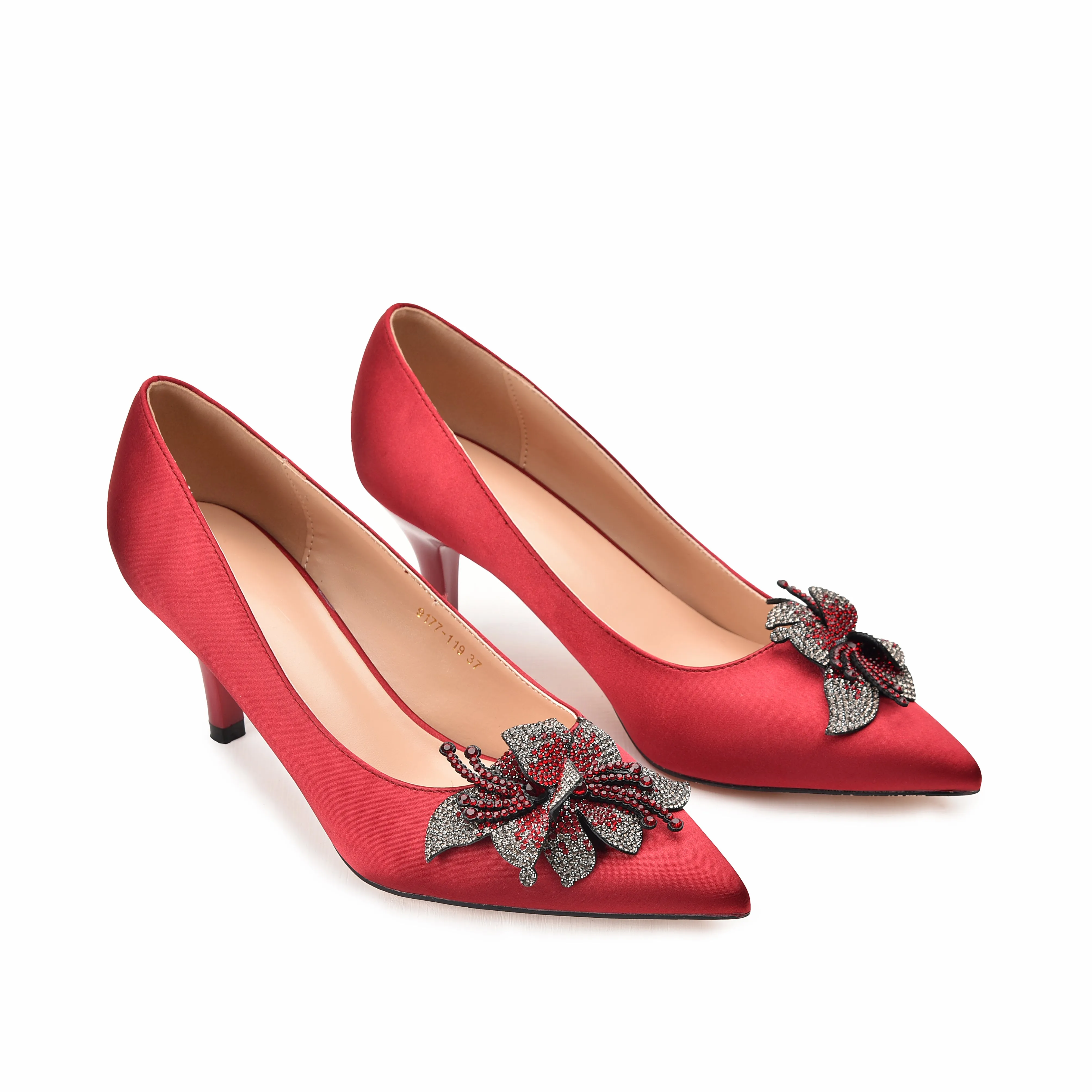 Stunning Red Kitten Heels with Crystal Bow | 476L-M