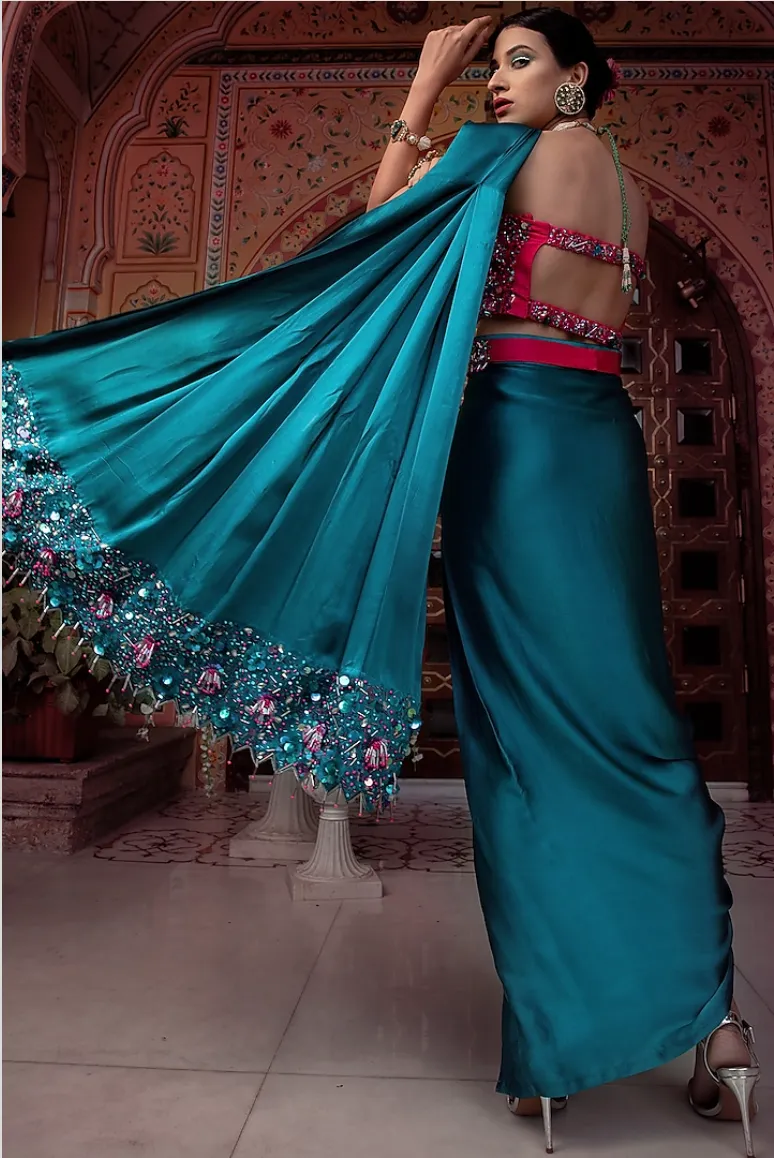 Teal Beaded Sari Dress