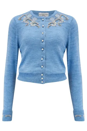 The Beaded Cardigan in Marl Blue, Stunning 1940s Vintage Style