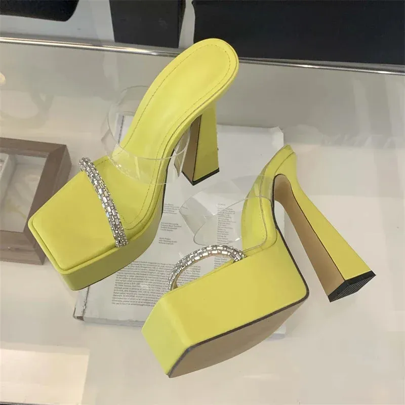 Transparent Square Toe Crystal Thick Heeled Shoes